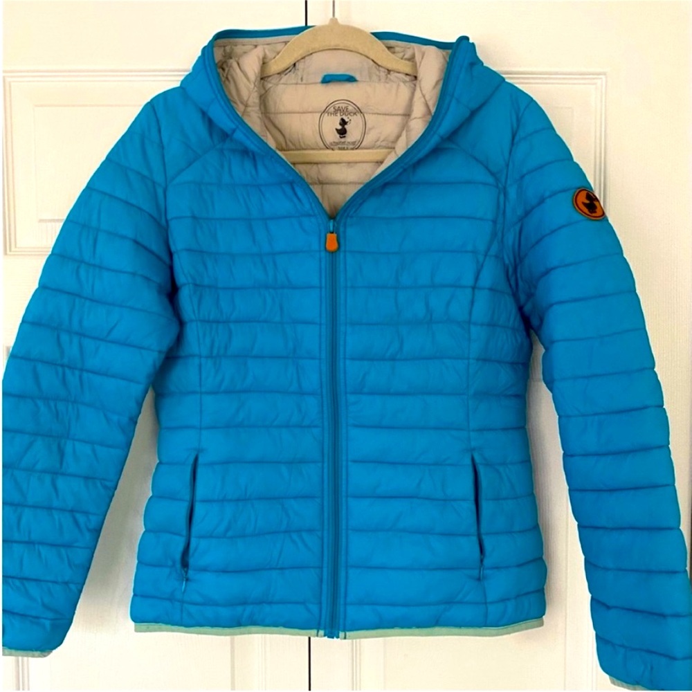 SAVE THE DUCK Women's Bright Blue Hooded Puffer Jacket - Picture 6 of 16